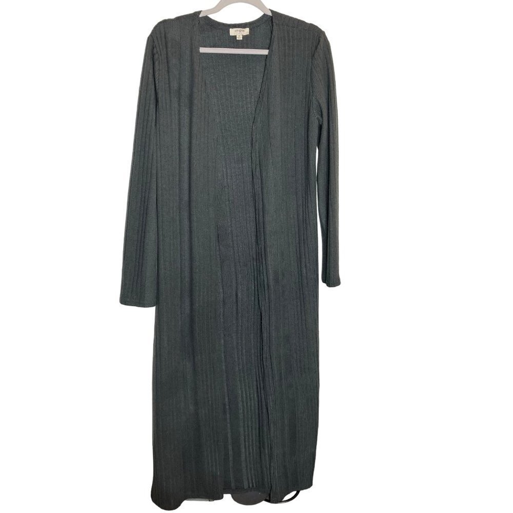 Umgee Long Duster Open Cardigan Gray Sweater Sz Medium Flaw/Run Lower Bottom